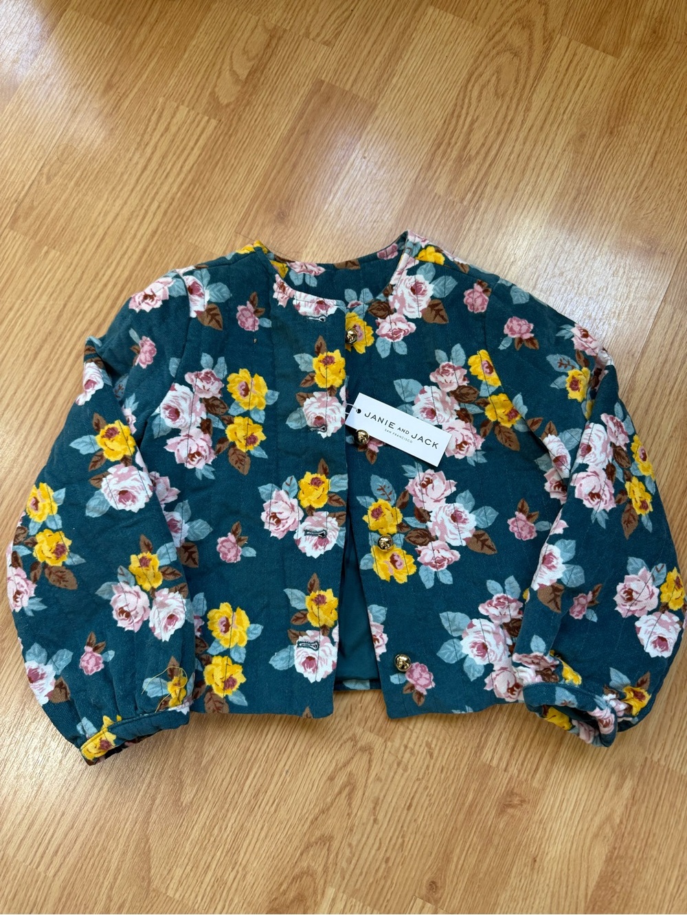 Janie and Jack Girls 5-6 NWT Floral Quilted Jacket Teal Puff Sleeve Cotton